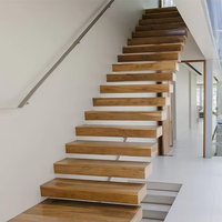Moderne Innen-Holzschwebetreppe mit Rahmenlosem Glasgeländer Offenes Treppen-Set für Villen
