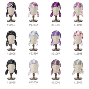 Turbante personalizzato in seta satinata con stampa floreale musulmano Pre-legato da <span class=keywords><strong>donna</strong></span> copricapo in poliestere colorato sciarpa per la testa Bandana - Product Image 6