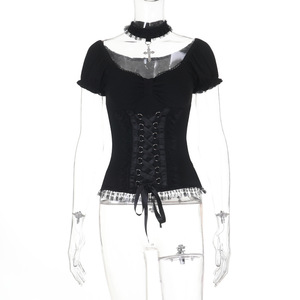Gothic Lace Trim Puff Sleeve Blouse <strong>Women</strong> Outfits Embellished Square Neck Shirt Bandage Lace up <strong>Halloween</strong> <strong>Top</strong> - Product Image 4
