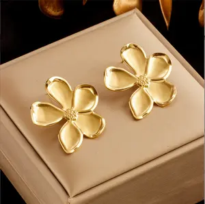 不锈钢夸张金色设计师灵感花朵耳钉女时尚女孩耳针饰品礼品