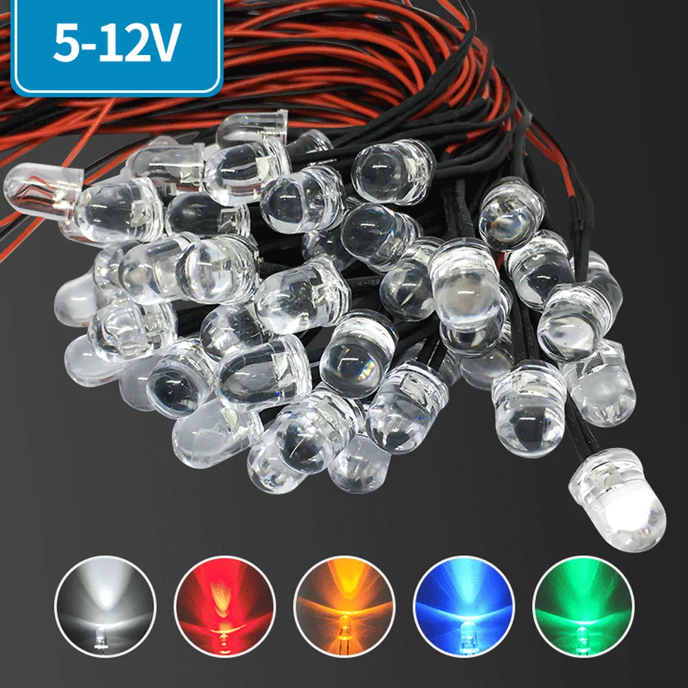 Lampu Diode LED 3mm 5mm 10mm 12V, dengan Diode Prewired merah hitam, atasan bulat Bening, merah hijau, biru, kuning, merah muda RGB