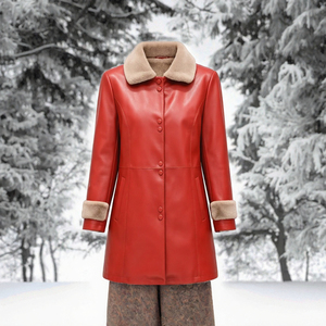 Manteau d'hiver en similicuir rouge avec col et poignets en fourrure, élégante veste pour femme à simple boutonnage - Product Image 3