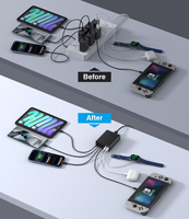 Hub de charge HNT GaN 100W à 6 ports 2A4C PD QC, station de charge rapide multi-appareils, chargeur USB C pour iPhone 17/16/15 iPad