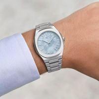 Montre pour homme avec logo personnalisé, bracelet intégré en acier inoxydable de luxe, cadran texturé bleu glacé, lunette octogonale, ultra-fine, quartz, 5 ATM