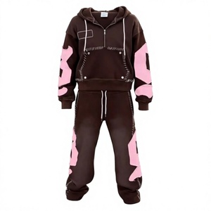 Chándal Unisex de Estilo Urbano con Capucha, Completamente en Bloques de Color Rojo y Negro, 100% Algodón, Transpirable, Ligero, de Corte Holgado, para Invierno - Product Image 2