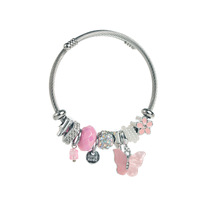 Panjiaduola – Nouveau bracelet ajustable unisexe en acier inoxydable argenté avec pendentif papillon perlé en alliage – Idéal comme cadeau