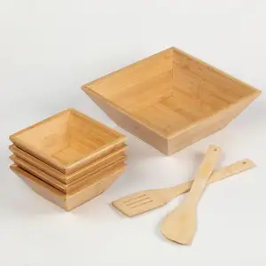 Atacado Custom Multipurpose Square Bamboo Salada Tigelas Snacks Tigelas com Utensílios Cozinha Tool Sets