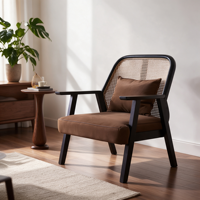 Nordischer Rattan-Sofa-Sessel, Einzelner Akzent-Armlehnstuhl, Moderner Minimalistischer Loungesessel für Wohnzimmer, Braun