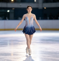 Robe de patinage artistique sans manches en maille dégradée bleue, dos en V profond, jupe ornée de strass pour filles adultes, compétition et performance