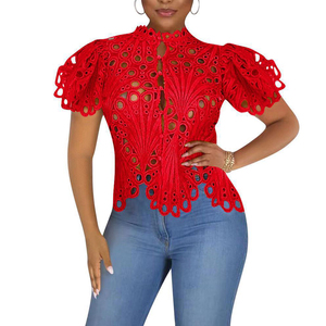 Nueva Blusa de Moda para Mujer, Sexy, con Transparencias, Estilo Club Nocturno, Manga Corta Abullonada, Irregular, con Encaje - Product Image 4