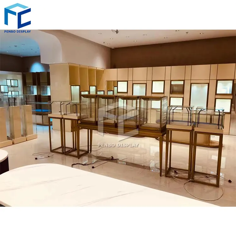 Luxury Jewelry Store Display Retail Custom Champagne Gold Stainless Steel Display Showcase for Jewelry Store and Counter