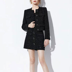 Bộ vest công sở nữ phối sequin, kiểu dáng thanh lịch, áo khoác tay dài cổ tròn, dáng đơn hàng nút, chân váy bút chì ngắn, chất liệu len pha <span class=keywords><strong>tweed</strong></span>, 2 món - Product Image 1