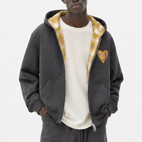 Sweat à capuche zippé uni pour homme, veste courte à capuche épaisse à carreaux, broderie cœur, streetwear pour homme