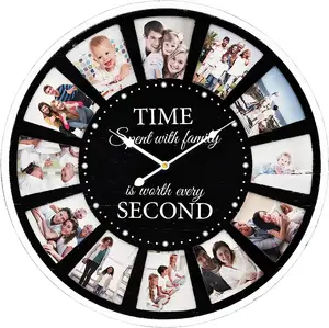 12 Photo Collage Family Quote Wood Wall Clock Silent Rustic Farmhouse Wall Clock Large Oversized Wall Clock for Home Living Room