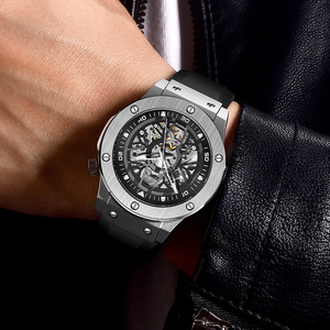 LIGE Men's <b>Automatic</b> Mechanical <b>Skeleton</b> <b>Watch</b> Stainless Steel Case 43mm Glass 20mm Luxury Silver Black Silicone Strap 30Bar - Product Image 2