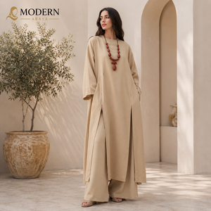 Set Abaya Minimalista in Misto Lino OEM, Vestiti Lunghi <span class=keywords><strong>con</strong></span> <span class=keywords><strong>Maniche</strong></span> <span class=keywords><strong>Lunghe</strong></span> e Pantaloni a Gamba Larga per Donne - Product Image 1