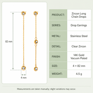 Pendientes Largos de Zirconia con Cadena, Acero Inoxidable, Chapado al Vacío en Oro de 14K, Bisel Transparente, Joyería Asimétrica - Product Image 3