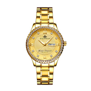 Reloj de Pulsera de Alta Calidad para Hombre de Negocios, Dos Tonos, Dorado y Plateado, Correa de Acero, Bisel con Diamantes, Esfera Azul, Calendario Doble, Reloj de Cuarzo - Product Image 1