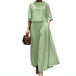 Ensemble 2 pièces pour femmes, vert uni, col rond, manches longues, pantalon large à jambes courtes, coupe régulière, décontracté, printemps-été, 100% polyester, vintage - Product Image 2