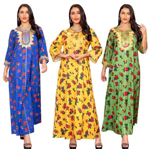 Best Selling Monsoon Ethnic Islamic Clothing Indian Ladies Plus Size Floral Print Ruffle Hem Muslim Dress Abaya Kaftan