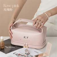 Sac de voyage en cuir pour femmes, grande capacité, double compartiment, fermeture éclair, pour outils de maquillage, sac de toilette en PU à poignée.