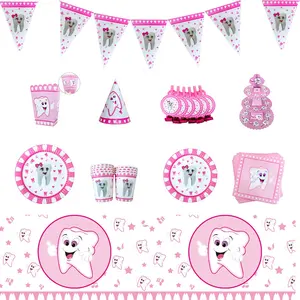 Damai - Conjunto de talheres descartáveis para festas de aniversário de meninos e meninas, prato de papel com tema Dentes saudáveis azul rosa
