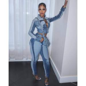 Ensemble deux pièces en jean personnalisé 2026 pour femme : veste courte à manches longues et jean color block style Y2K avec fermetures éclair - Product Image 4