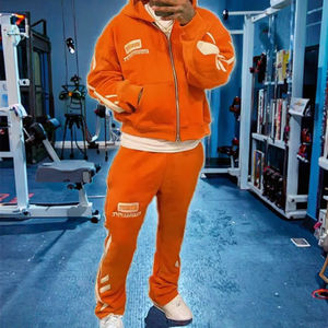 Winter 100% Cotton Streetwear Acid Washed <b>Sweat</b> <b>Suits</b> Zipper Hoodies Tracksuit Set Distress Patch Flared Sweatpants <b>Men</b> - Product Image 3