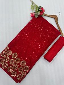 Sari en Georgette Lourde de Luxe Tissé à la Main, Ornements Traditionnels à Double Paillette, Entièrement Brodé de Paillettes, Protection Solaire, Séchage Rapide - Product Image 3