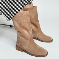 Bottes mi-mollet en daim texturé couleur camel chaud, semelle fine, doublure polaire, antidérapantes, légères, rehaussantes et stables