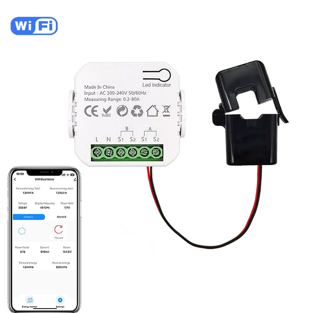 Tuya WiFi Smart Energy Meter Transformer Detect Solar PV System Generation Consume Bidirectional Monitoring Meter APP Control CT