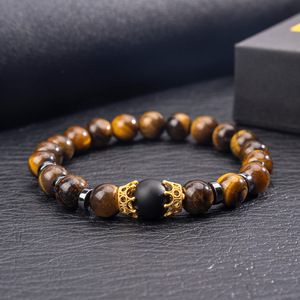 Bracciale Elastico con Perle di Occhio di Tigre Nero, Gioiello Artigianale Bohemien con Corona in Pietra Naturale, per Uomo e <span class=keywords><strong>Donna</strong></span>, Portafortuna Quotidiano - Product Image 1