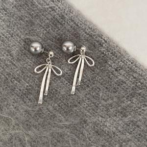S925 Sterling Silver Gray Pearl Dangle <b>Earrings</b> <b>Long</b> Style with Simple Sweet Temperament One Pair for Everyday Wear - Product Image 3