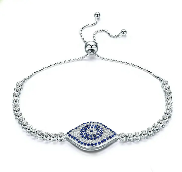Personalized custom fashion jewelry 925 sterling silver blue evil eye beaded tennis charm CZ bracelet adjustable