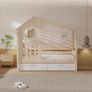 Lit enfant en bois massif sur le thème d'une maison dans les arbres avec de grands tiroirs de rangement, meubles ludiques et amusants pour la chambre d'enfant, garçon ou fille - Product Image 3