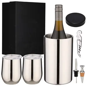 Stainless Steel Wine & Champagne Cooler Cocktail Chiller Set Wine Tumblers with Lids Wine Accessories Unique Gift Box Set