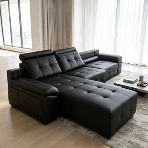 โซฟาหนัง PU สีดำทรงตัวแอลแบบทันสมัย พร้อมพนักพิงแบบ Tufted และที่วางแขนบุนวม สำหรับห้องนั่งเล่น - Product Image 2