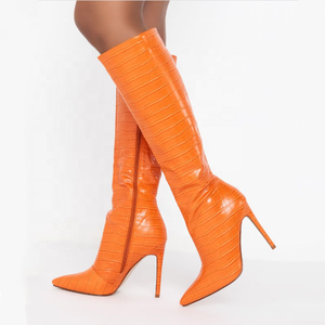 Concise Stone Print Stiletto Heel Short Boots Soft Comfortable Side Zip Women's Winter Knee High Boots <b>Shoes</b> Orange - Product Image 1