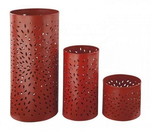 Red Steel Cylinder Candle Holders <b>Set</b> of 3 Decorative Home Lighting <b>Lanterns</b> - Product Image 1