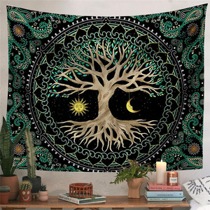 Vie cosmique <span class=keywords><strong>arbre</strong></span> tapisserie rêveur grand <span class=keywords><strong>arbre</strong></span> <span class=keywords><strong>mur</strong></span> couverture mystérieux soleil lune fond paysage tenture murale tissu pour chambre - Product Image 1