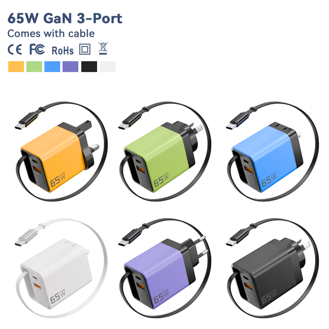 65W GaN Fast Charger Adapter Retractable Cable 3-Port UK/US/EU/AU Plug for Xiaomi iPhone Samsung Huawei Laptop Chargers&Adapters