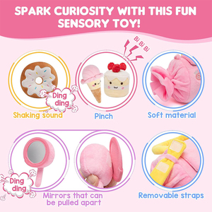 ตุ๊กตาขนมหวานคุณภาพสูง ชุดของเล่นนุ่ม 5 ชิ้น พร้อมเสียงเขย่า กระดาษเสียงกรอบแกรบ ของเล่นบีบมีเสียง และกระจกสำหรับเด็กเล็ก - Product Image 2