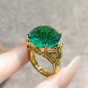 Mujeres oro tallado artesanía arco fuegos artificiales corte esmeralda verde azul anillo azul marino anillo para damas - Product Image 2