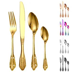 GEMEI 24 Piece Vintage Silverware Mirror Polished Knife Fork Spoon Gold Stainless Steel Cutlery set For Weeding