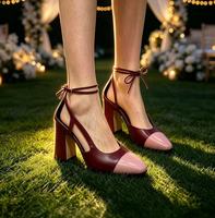 Sandales à talons carrés en cuir véritable bicolore pour femmes, à bout carré et à talon bloc, pour le bureau