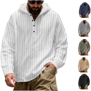 <b>Men's</b> Striped Hooded Long Sleeve Casual <b>Shirt</b> With Button Closure Full Sleeve 160gsm Spring Autumn Wear - Product Image 1