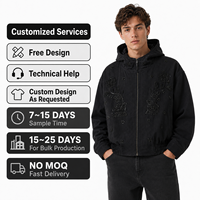 Veste pour homme en coton lavé à capuche entièrement zippée, brodée à la main et ornée de perles