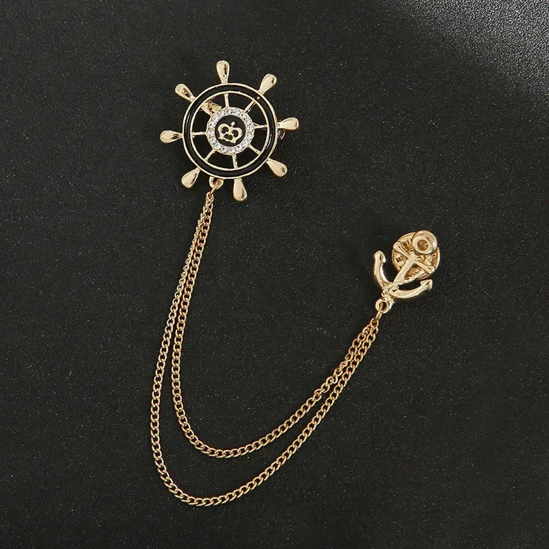 Marinha vento barco âncora com diamante cadeia moda pin homens terno acessórios personalidade leme cadeia broche