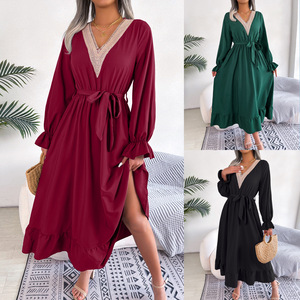 Abiti Lunghi in <span class=keywords><strong>Chiffon</strong></span> da Donna alla Moda, Modelli Personalizzati Primaverili ed Estivi con Scollo a V e <span class=keywords><strong>Maniche</strong></span> <span class=keywords><strong>Lunghe</strong></span> - Product Image 2