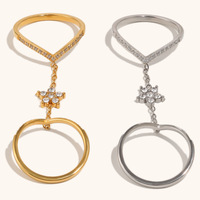 18K Vergoldeter Edelstahl Doppel-Fingerring CZ Strass Kette Statement-Ring für Damen Modeschmuck Großhandel